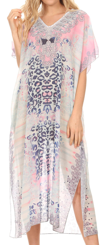 MKY Astryd Women's Flowy Maxi Long Caftan Dress Cover Up with Rhinestone