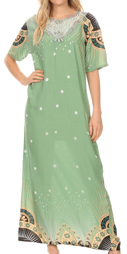 Sakkas Sabra Womens Long Casual Cover-up Tunic Kaftan V neck Dress