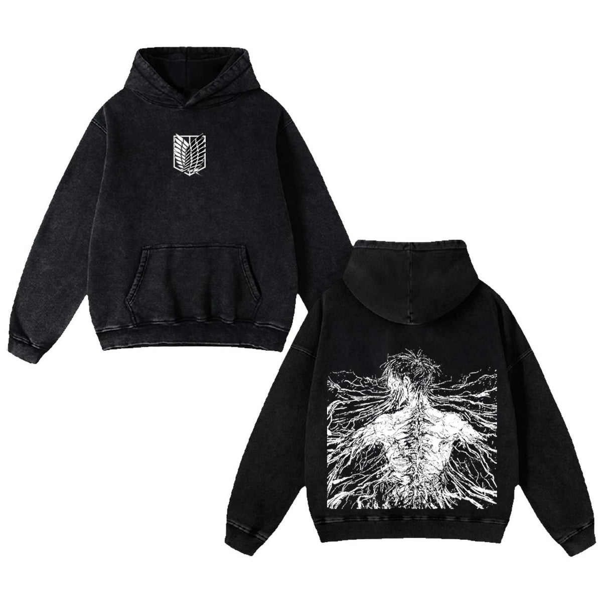 Anime Dark Hoodie Oversized | Titan Inspired Back Graphic Washed Black Streetwear Unisex Pullover'TTT'
