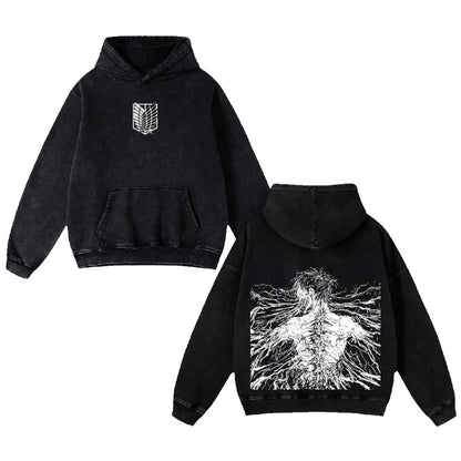 Anime Dark Hoodie Oversized | Titan Inspired Back Graphic Washed Black Streetwear Unisex Pullover'TTT'