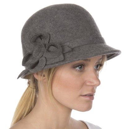Womens Bernadette Vintage Style 100% Wool Cloche Bucket Winter Hat with Flower Accent