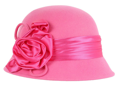 Sakkas Marilyn Vintage Style Wool Cloche Bucket Winter Hat with Satin Flower