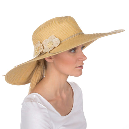 Sakkas Bella UPF 50+ 100% Paper Straw Flower Accent Wide Brim Floppy Hat