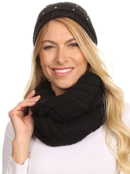 Sakkas Sayla Rhinestone Jewel Soft Warm Woven Cable Knit Beanie Hat And Scarf Set