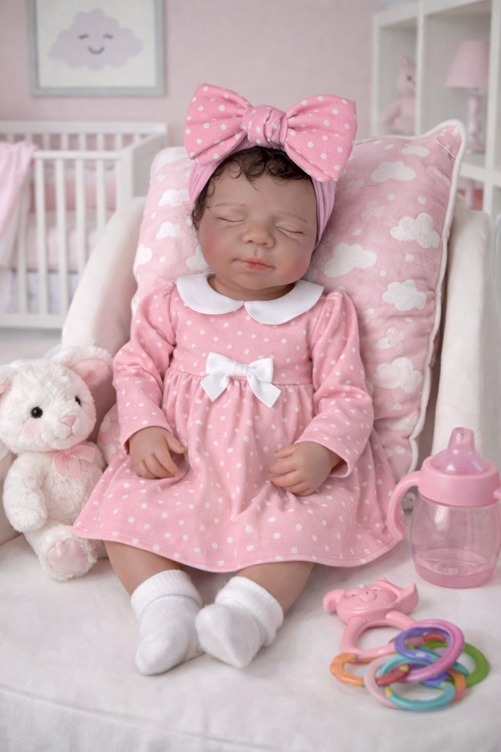 Victoria 19” W/ NEWBORN CURLY HAIR , CUSTOM MADE Full Silicone Tan Skin open mouth