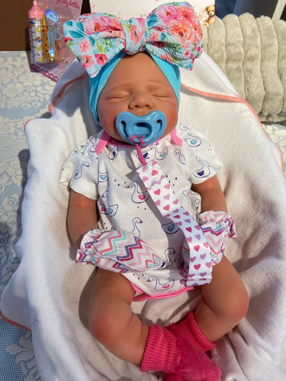 Victoria 19” reborn baby Full Silicone Girl Tan Skin Tone approx 7.2lbs wears newborn open mouth