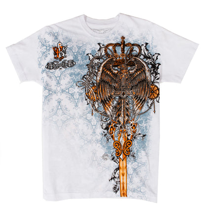 Sakkas Eagle Perched on a Sword Metallic Silver Embossed Cotton Mens T-Shirt