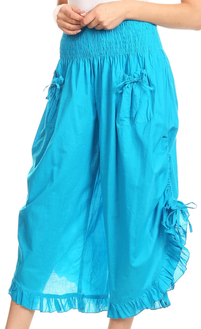 Sakkas Loore Womens Wide Leg Gaucho Pants Cotton with Pockets and Smock Waist