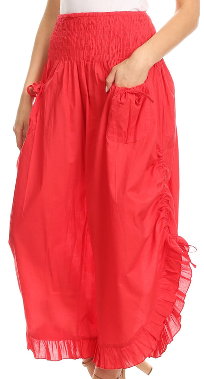 Sakkas Loore Womens Wide Leg Gaucho Pants Cotton with Pockets and Smock Waist