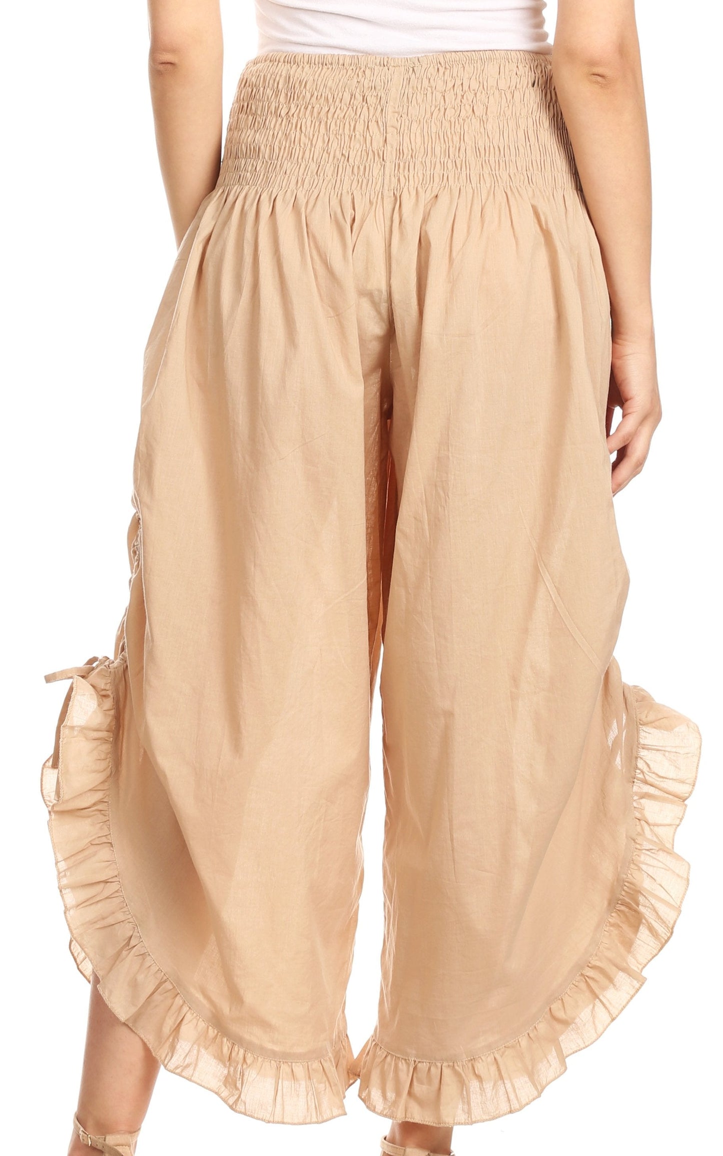 Sakkas Loore Womens Wide Leg Gaucho Pants Cotton with Pockets and Smock Waist