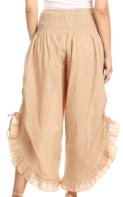 Sakkas Loore Womens Wide Leg Gaucho Pants Cotton with Pockets and Smock Waist