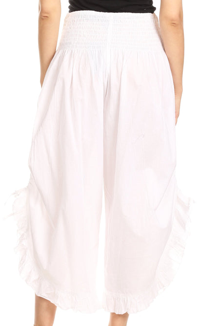 Sakkas Loore Womens Wide Leg Gaucho Pants Cotton with Pockets and Smock Waist