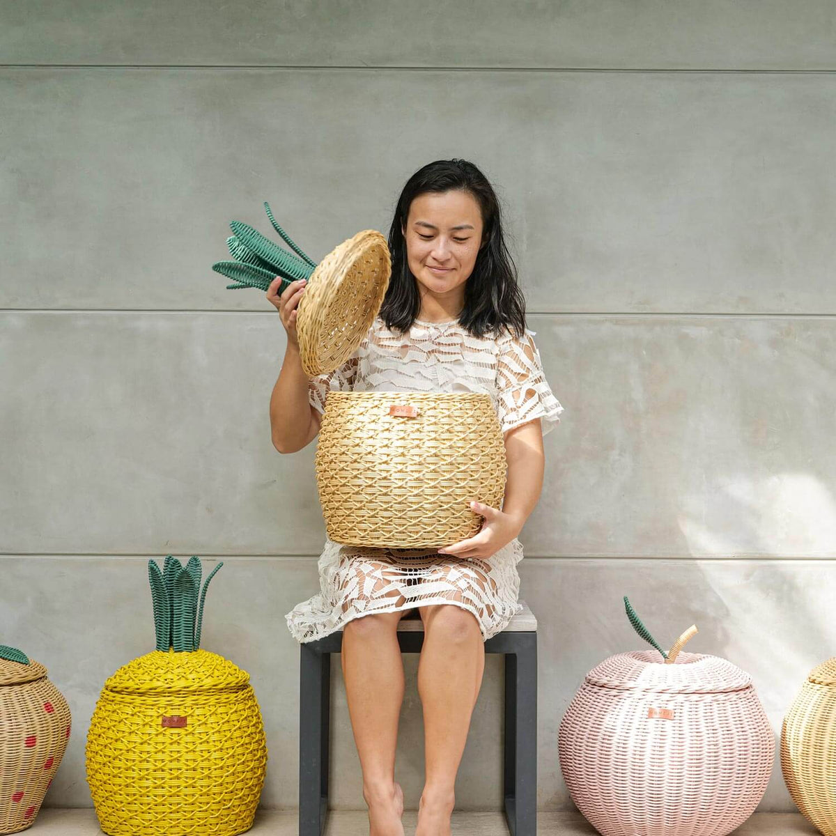 Pineapple Rattan Storage Basket Natural - Medium