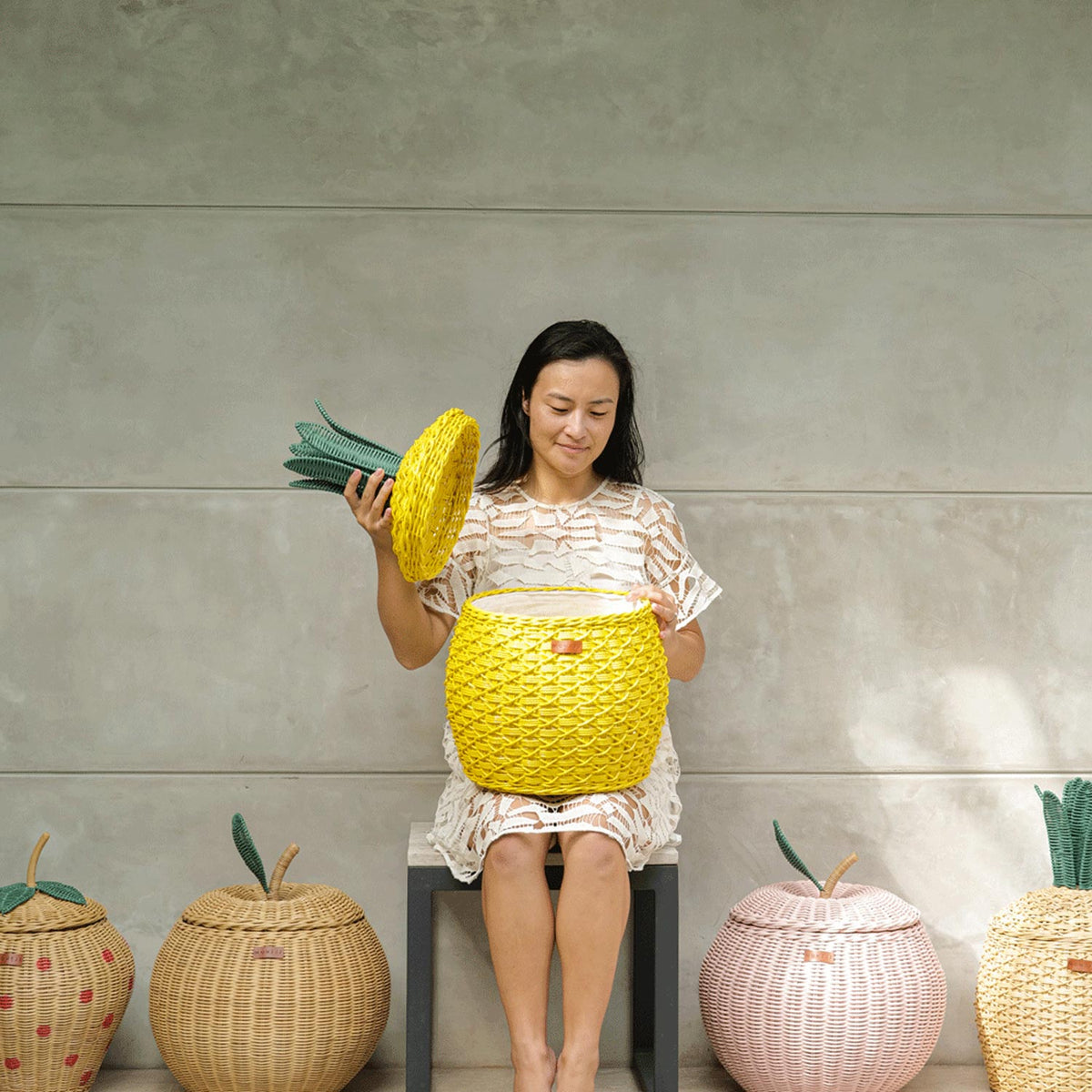 Pineapple Rattan Storage Basket Yellow - Medium