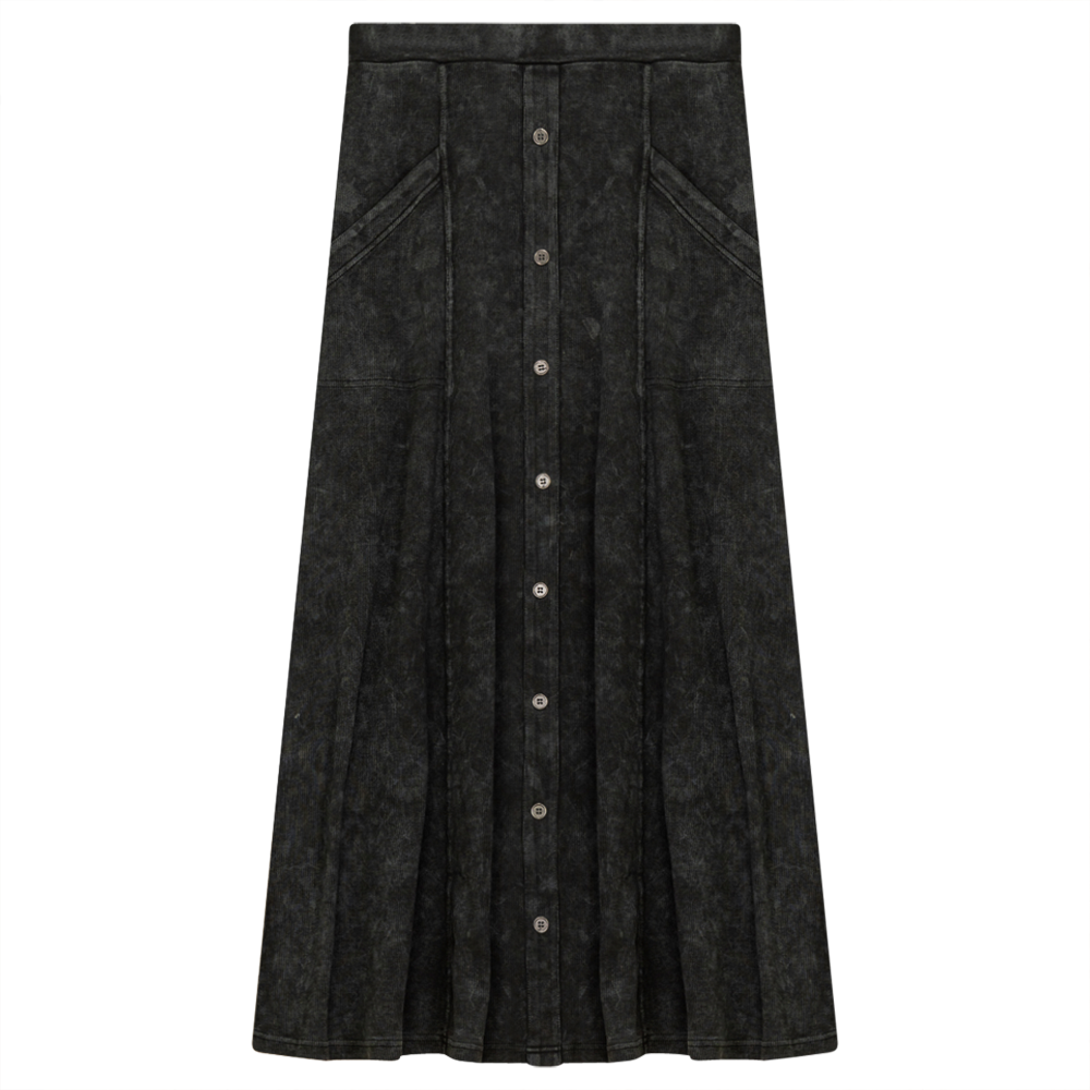 Ladies Button Down Denim Wash Rib Long Skirt