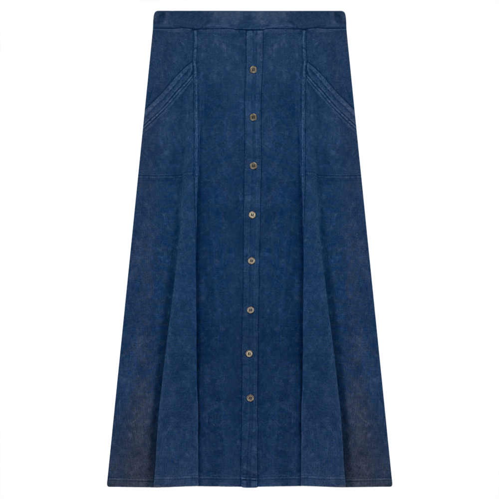 Ladies Button Down Denim Wash Rib Long Skirt