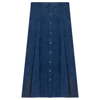 Ladies Button Down Denim Wash Rib Long Skirt