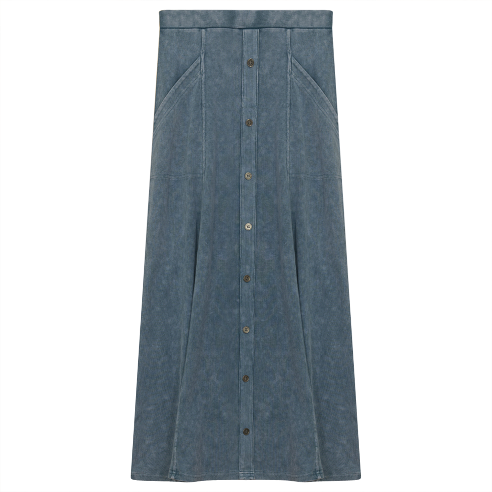 Ladies Button Down Denim Wash Rib Long Skirt