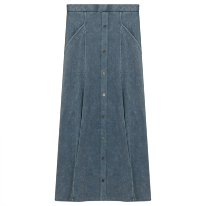 Ladies Button Down Denim Wash Rib Long Skirt