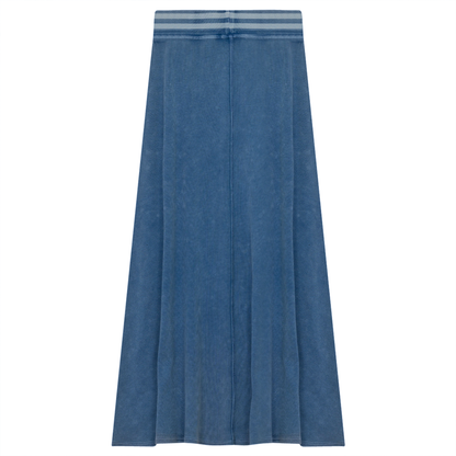Ladies Denim Rib Long Panel Skirt With Elastic Stripe Waistband