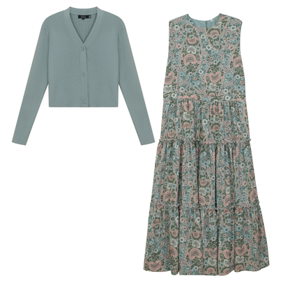 Printed Satin Jumper Cardigan Set