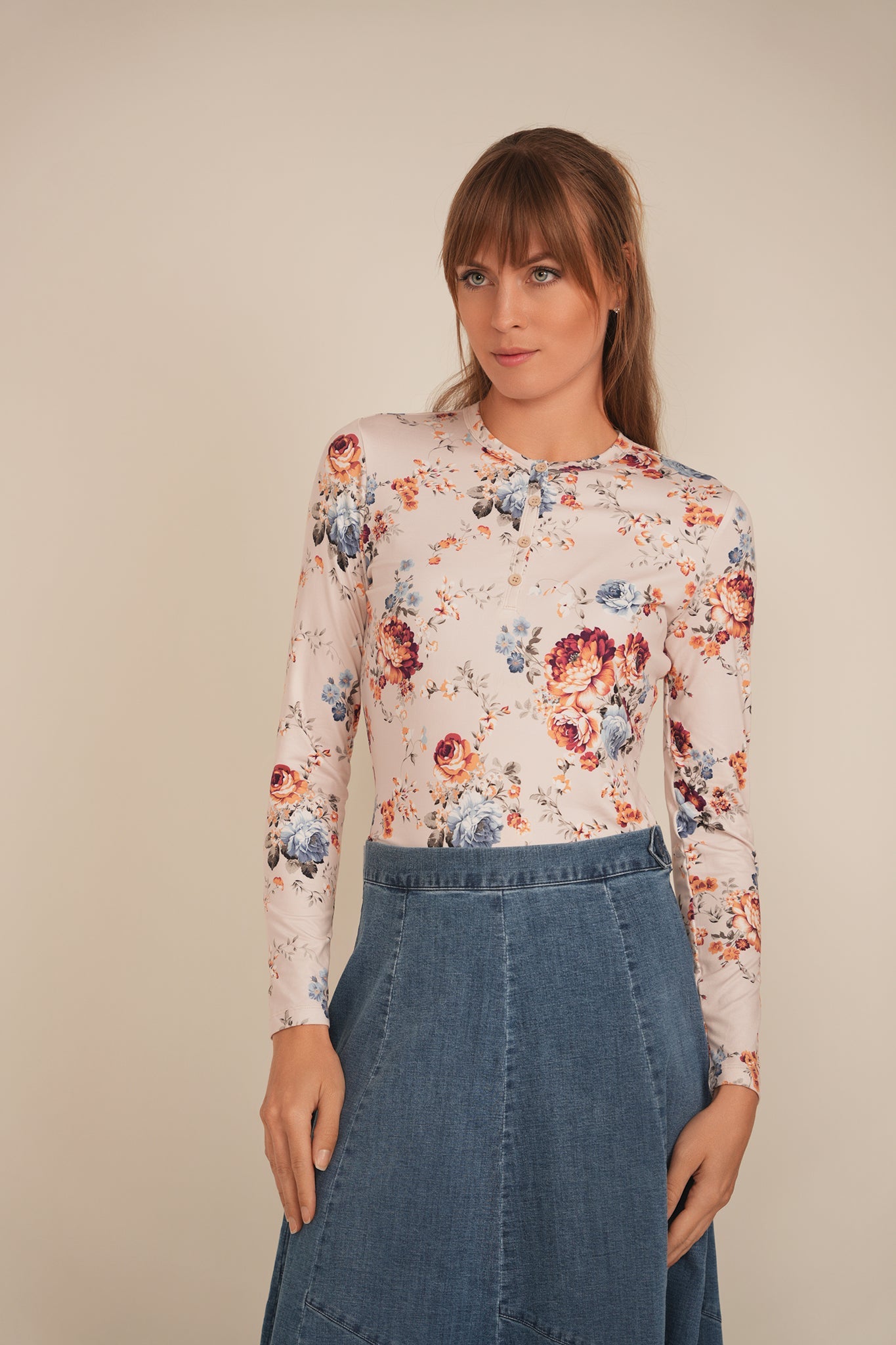 Henley Front Floral Tee