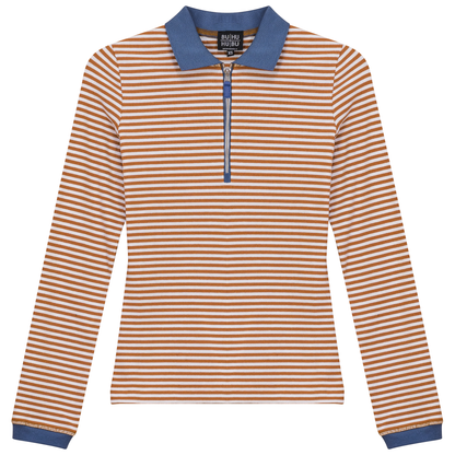 Stripped Ribbed Zipper Henley Tee