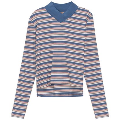 Cropped Striped V Neck Tee