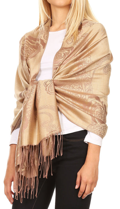 Sakkas Tessa Reversible Rose Brocade Warm Soft Scarf Wrap Stole with Fringe