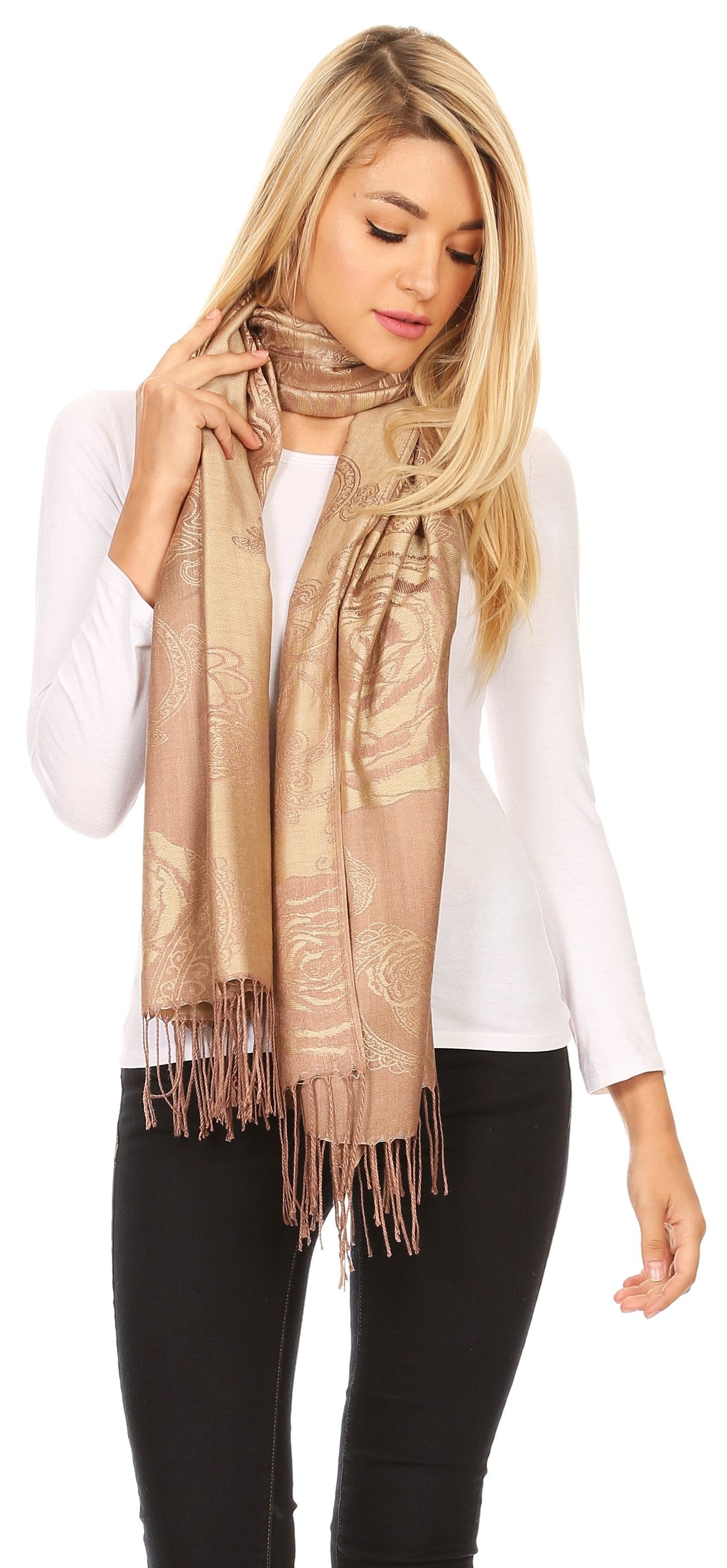 Sakkas Tessa Reversible Rose Brocade Warm Soft Scarf Wrap Stole with Fringe