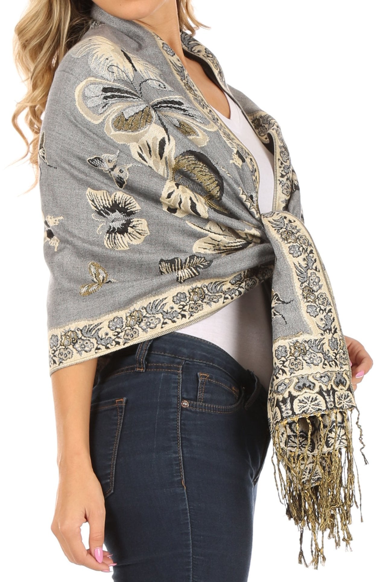 Sakkas Liua Long Wide Woven Patterned Design Multi Colored Pashmina Shawl / Scarf
