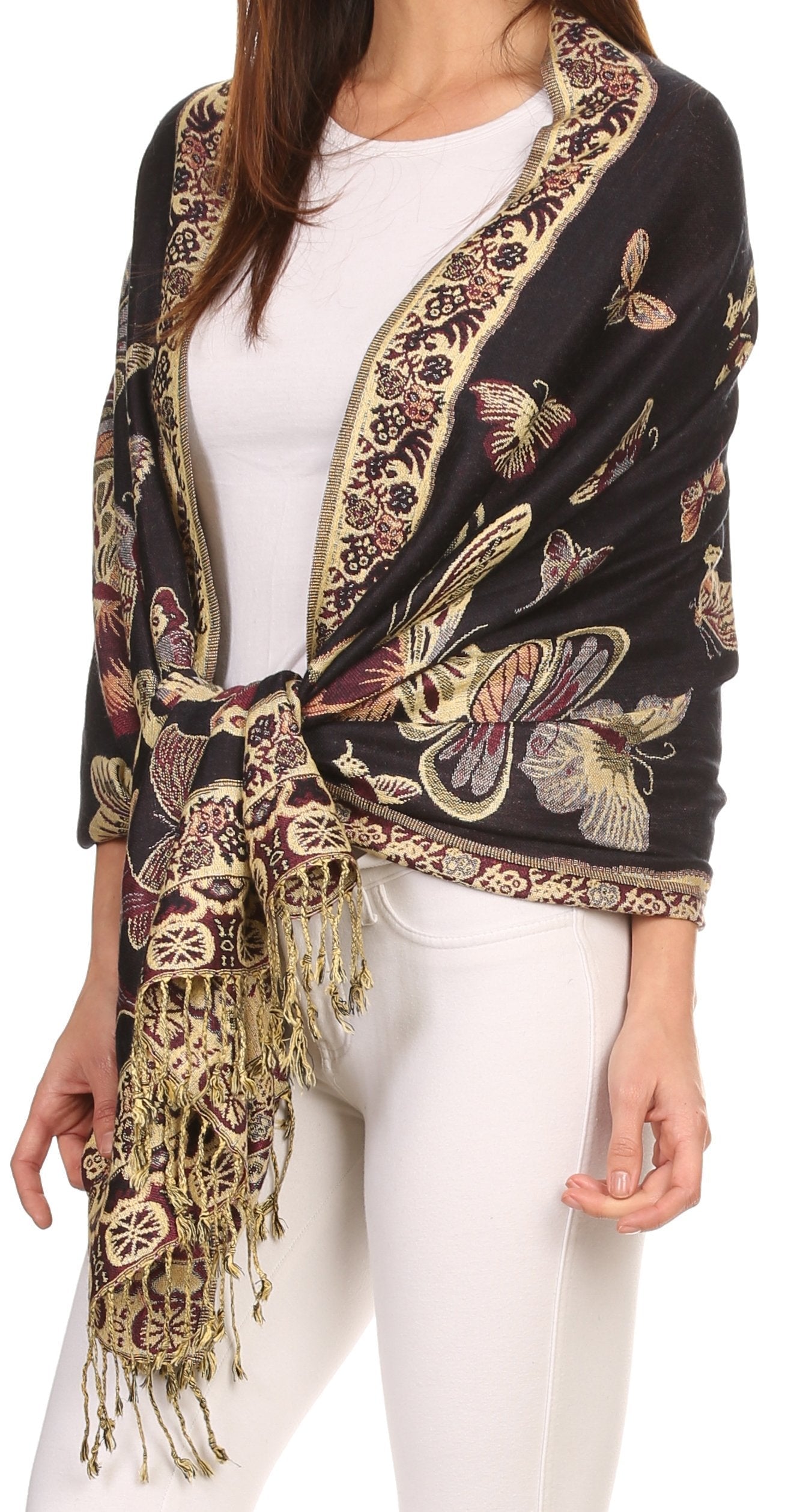Sakkas Liua Long Wide Woven Patterned Design Multi Colored Pashmina Shawl / Scarf