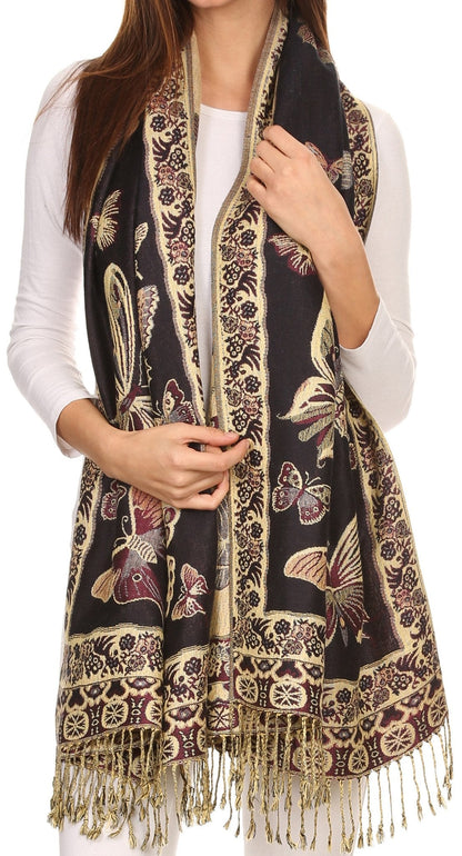 Sakkas Liua Long Wide Woven Patterned Design Multi Colored Pashmina Shawl / Scarf