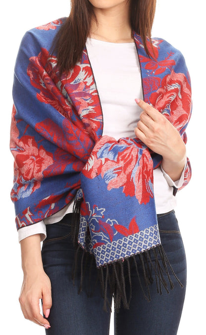 Sakkas Aurora Floral Rose Pashmina Scarf Shawl with Fringe Super Warm Soft Vegan