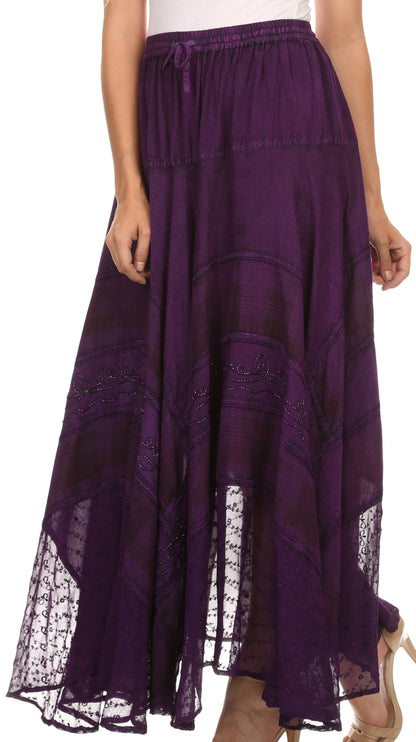 Sakkas Hailes Long Tall Wide Silver Embroidered Batik Adjustable Waist Skirt