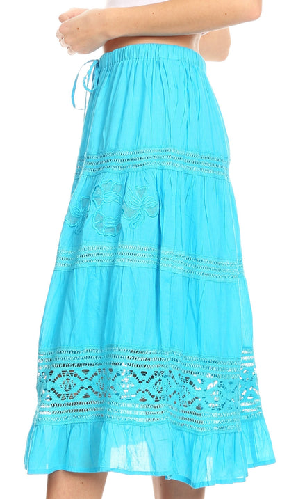 Sakkas Kezia Women's Bohemian Gypsy Casual Midi  Skirt A line Lace & Embroidery