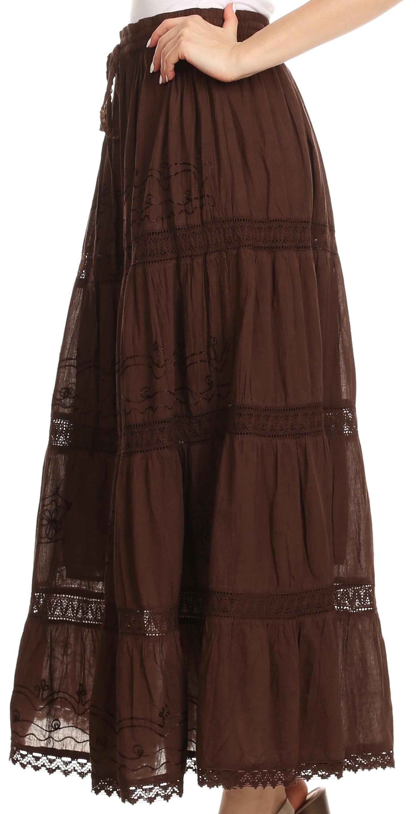 Sakkas Solid Embroidered Gypsy Bohemian Mid Length Cotton Skirt