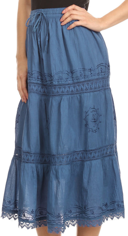 Sakkas Solid Embroidered Gypsy Bohemian Mid Length Cotton Skirt