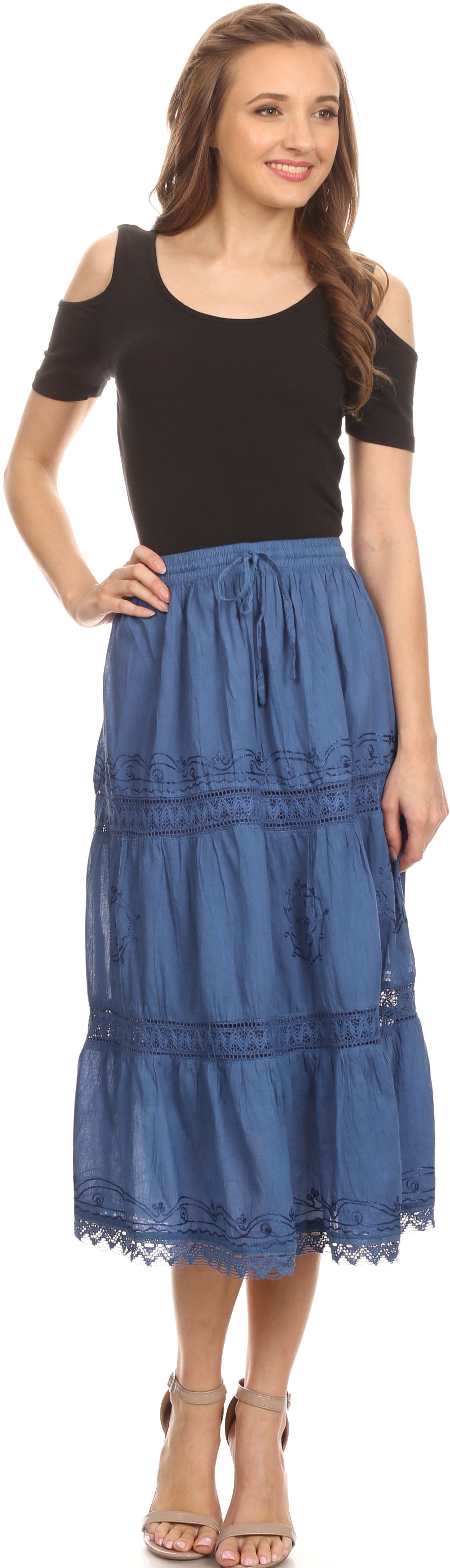 Sakkas Solid Embroidered Gypsy Bohemian Mid Length Cotton Skirt