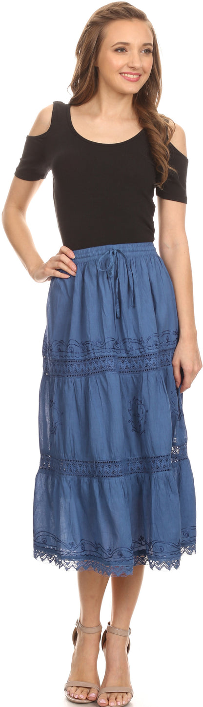 Sakkas Solid Embroidered Gypsy Bohemian Mid Length Cotton Skirt