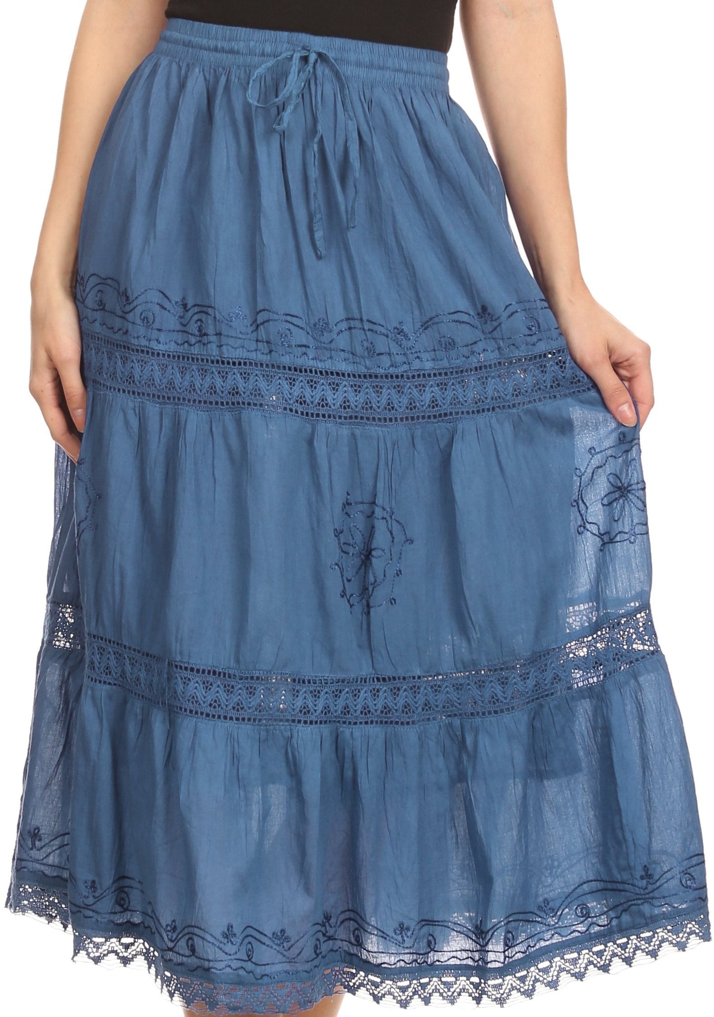 Sakkas Solid Embroidered Gypsy Bohemian Mid Length Cotton Skirt