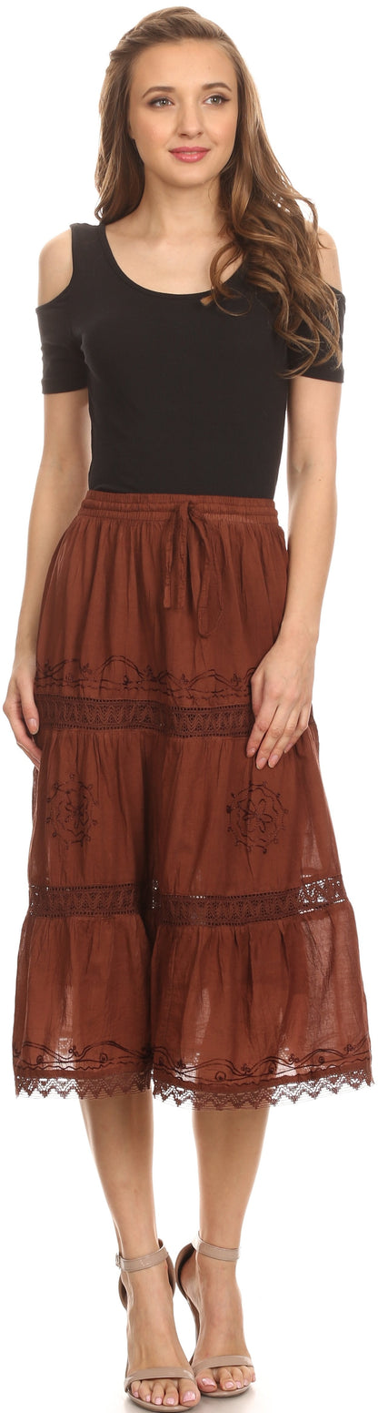 Sakkas Solid Embroidered Gypsy Bohemian Mid Length Cotton Skirt