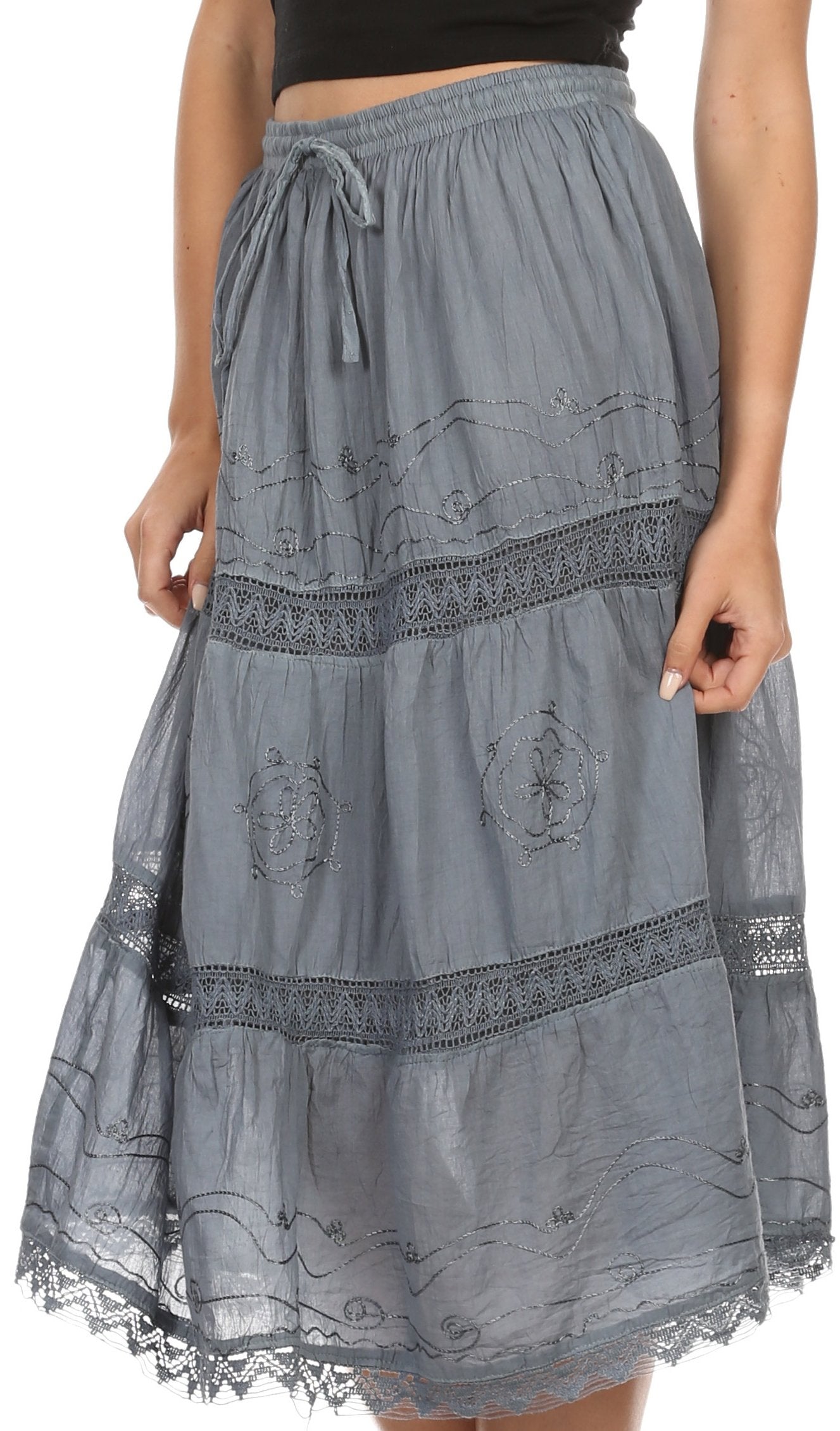 Sakkas Solid Embroidered Gypsy Bohemian Mid Length Cotton Skirt
