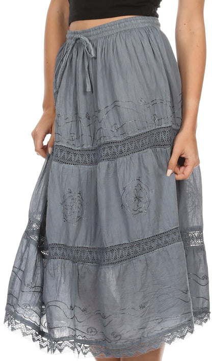 Sakkas Solid Embroidered Gypsy Bohemian Mid Length Cotton Skirt