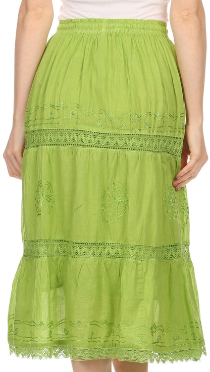 Sakkas Solid Embroidered Gypsy Bohemian Mid Length Cotton Skirt
