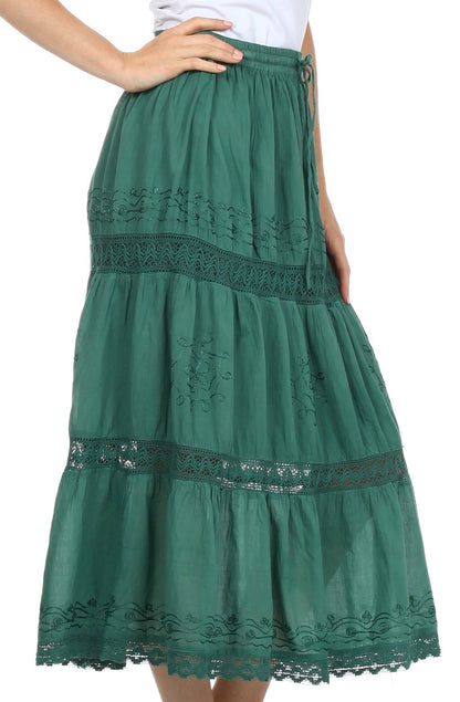 Sakkas Solid Embroidered Gypsy Bohemian Mid Length Cotton Skirt