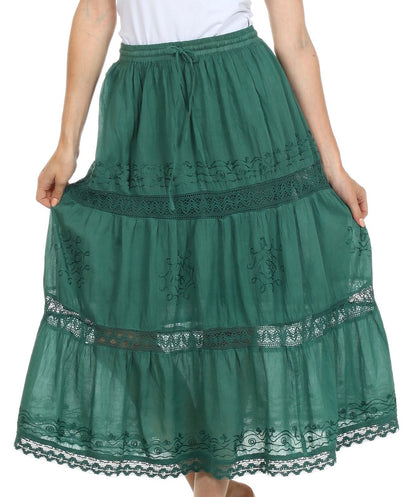 Sakkas Solid Embroidered Gypsy Bohemian Mid Length Cotton Skirt