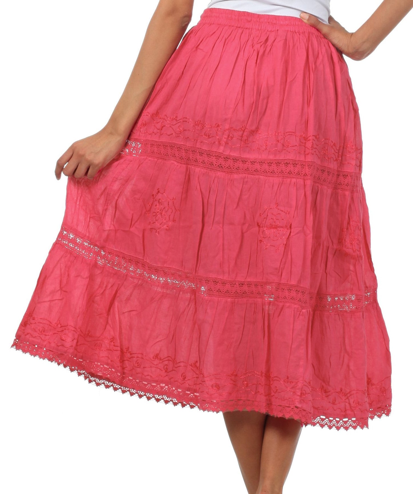 Sakkas Solid Embroidered Gypsy Bohemian Mid Length Cotton Skirt