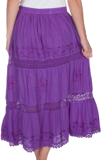 Sakkas Solid Embroidered Gypsy Bohemian Mid Length Cotton Skirt
