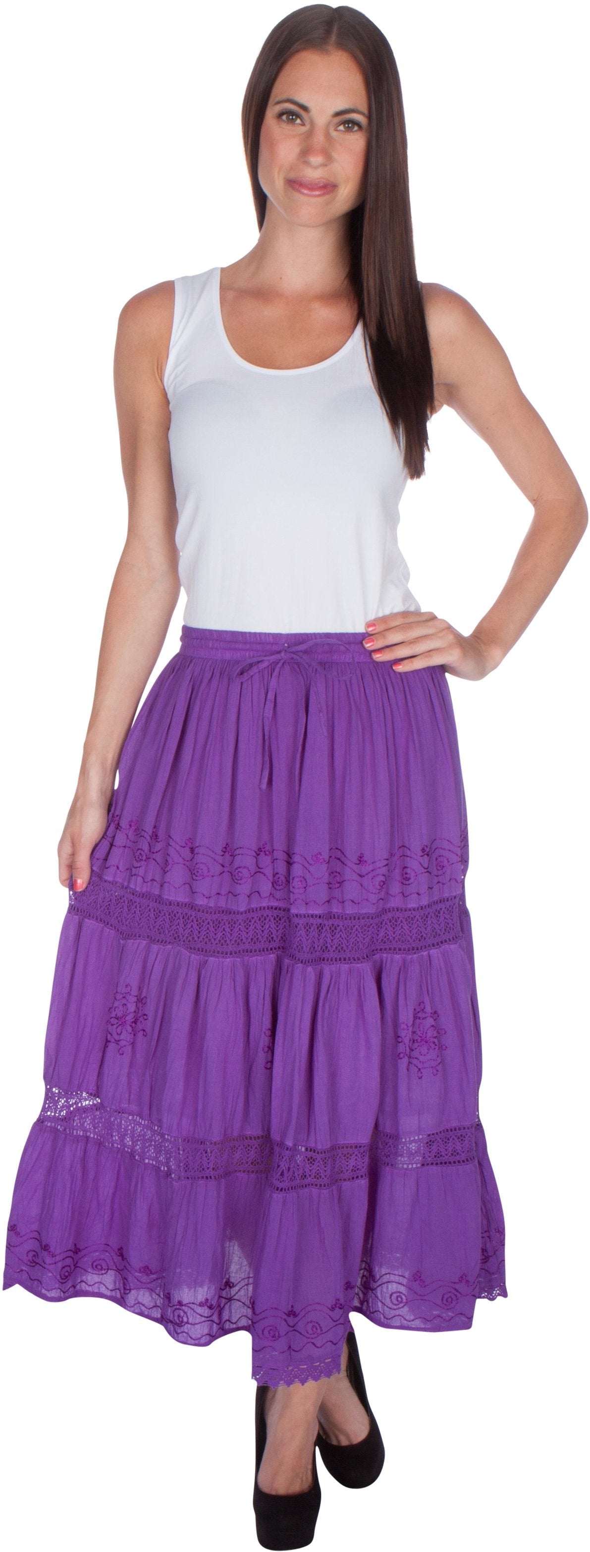 Sakkas Solid Embroidered Gypsy Bohemian Mid Length Cotton Skirt